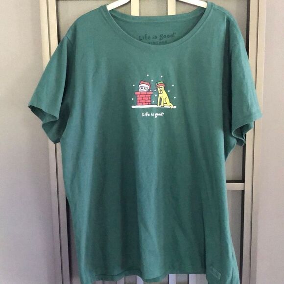 Life is good vintage Christmas dog chimney green T-shirt X X out - Picture 1 of 4
